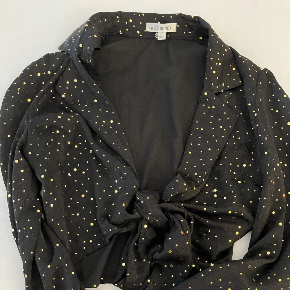 Black and Gold Polka Dot Long Sleeve Crop Top